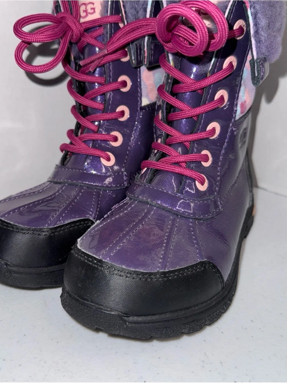 UGG Purple and Pink Kids Lace-Up Faux-Fur Winter Boots size 1